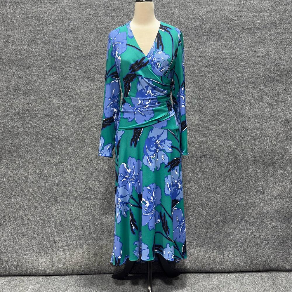 Diane Von Furstenberg Dress Womens 8 Blue Floral Faux Wrap Draped Waist Midi